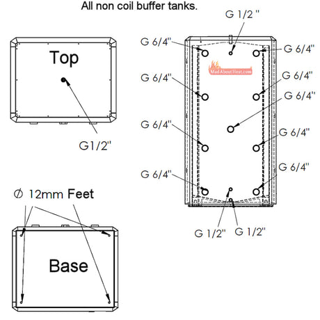 buffer tank fittings sizes, thermal store pipe sizes, accumulator tank connection sizes