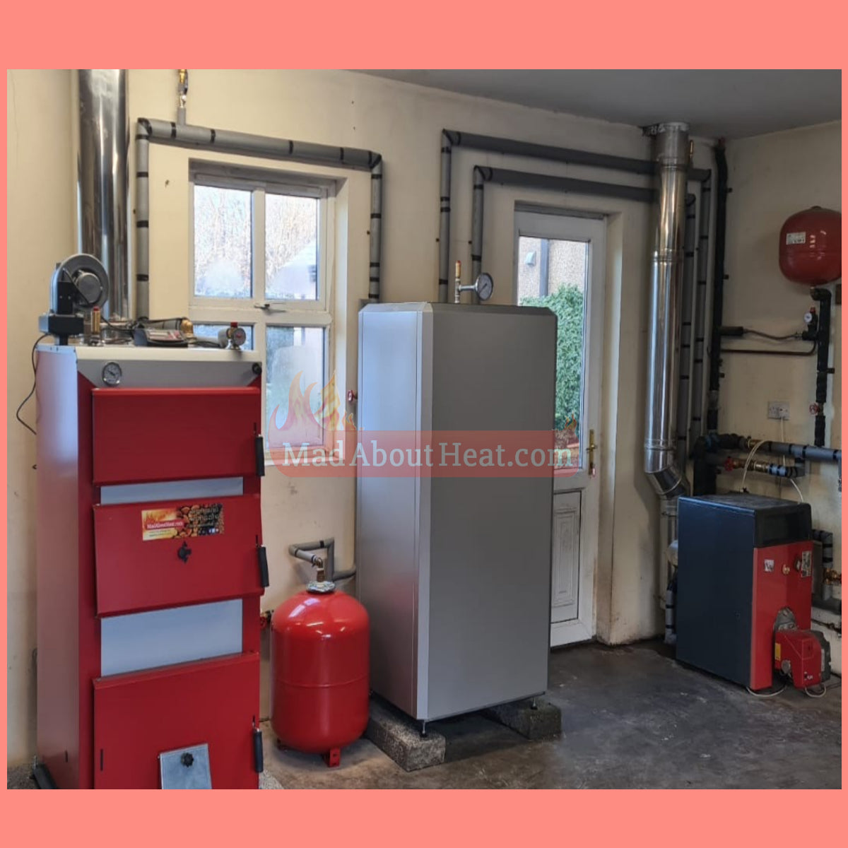 biomass boiler installation, plumbing wood boiler with gas boiler, plumbing log boiler with oil boiler, mad about heat boilers