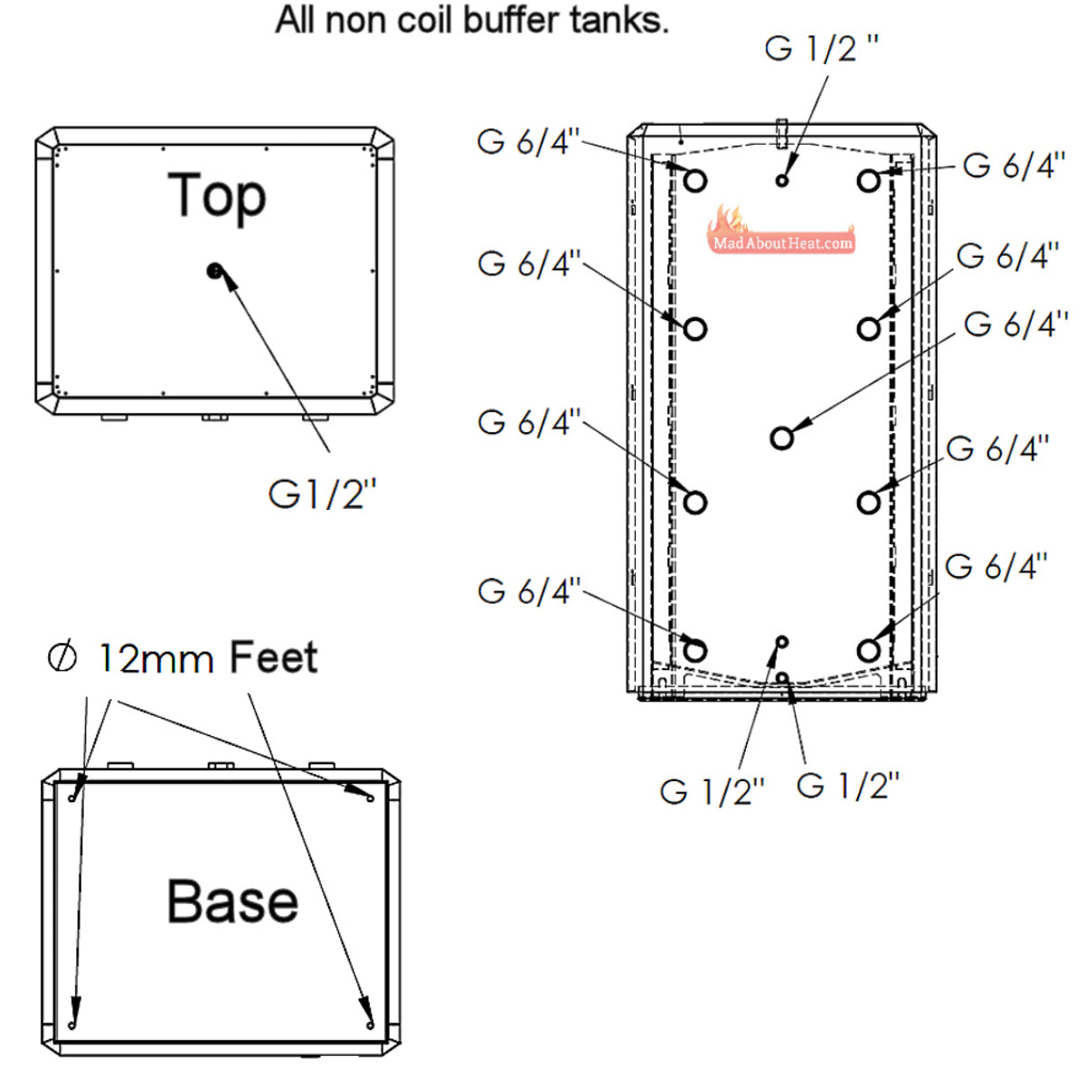 buffer tank fittings sizes, thermal store pipe sizes, accumulator tank connection sizes
