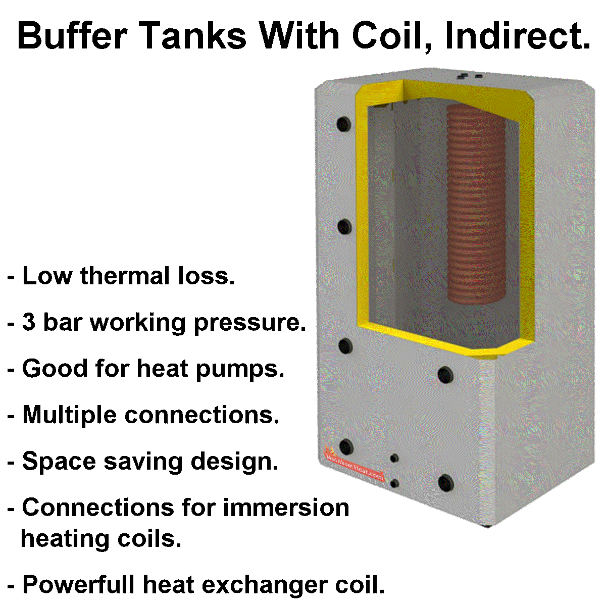 buffer tank with coil, indirect buffer tank, heat pump water tank, thermal tanks, multi coil tank, 