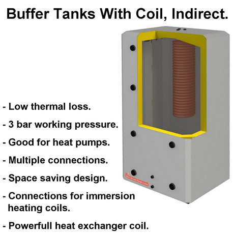 buffer tank with coil, indirect buffer tank, heat pump water tank, thermal tanks, multi coil tank, 