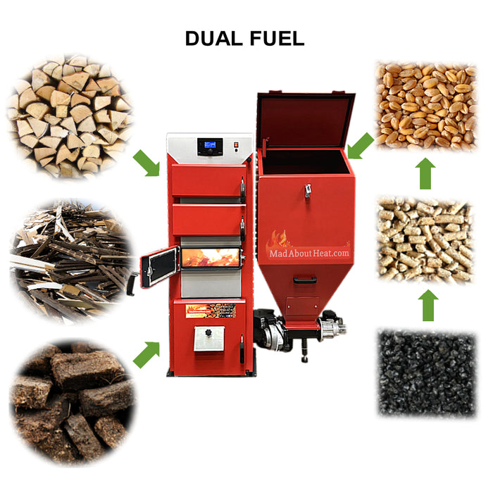 dual fuel boilers, wood pellet and logs boilers, pellet burner, logs burners, self feeding boilers, 