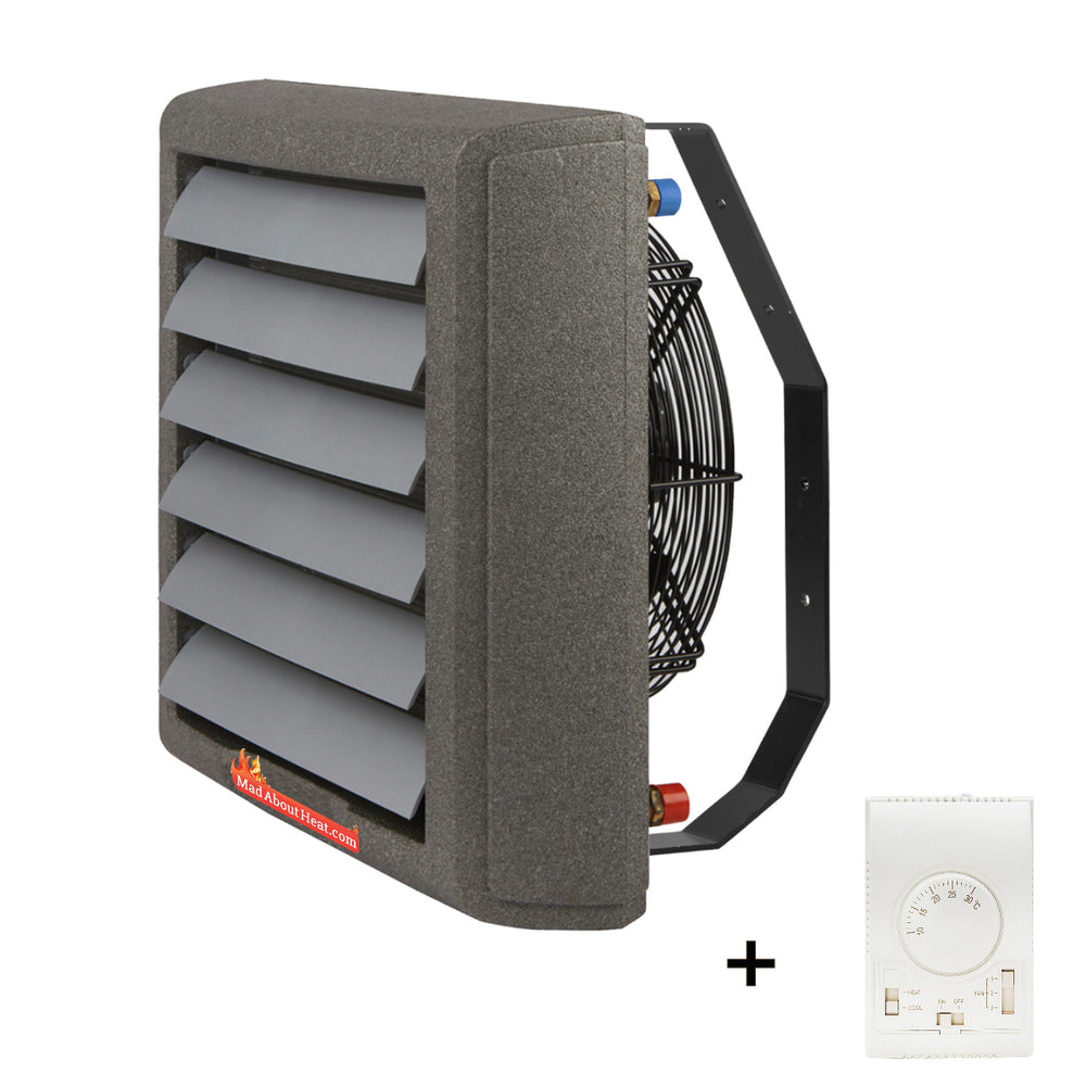 fan radiator, fan rad, hot air blower, water to air heater, fan assisted radiator, bracket, thermostat, hot air blower, hot air radiator