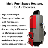 multi fuel space heater, wood burning hot air blower, log burning space heaters, 