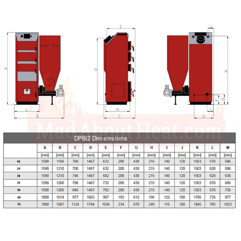 DPBi2, dimensions, multi fuel boiler