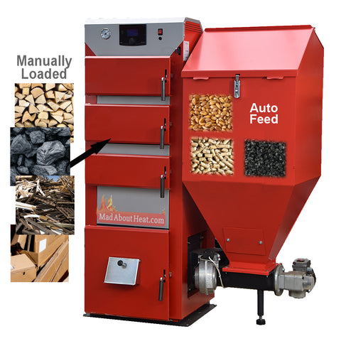 DPBi2 dual fuel boiler, manual and automatic, pellets, logs, waste,