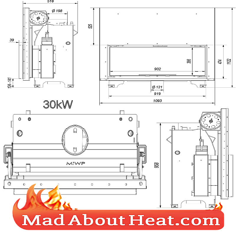 KGWJ 30kW guilotine stove back boiler fire place insert water heater multi fuel central heating drawing dimension madaboutheat