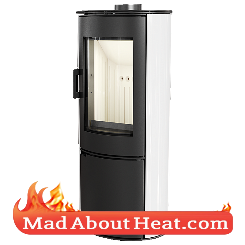 Gloss white modern free standing stove ceramic lined ECODESIGN 