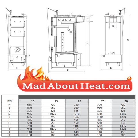 TWBi Multifuel boilers dimensions for biomass central heating